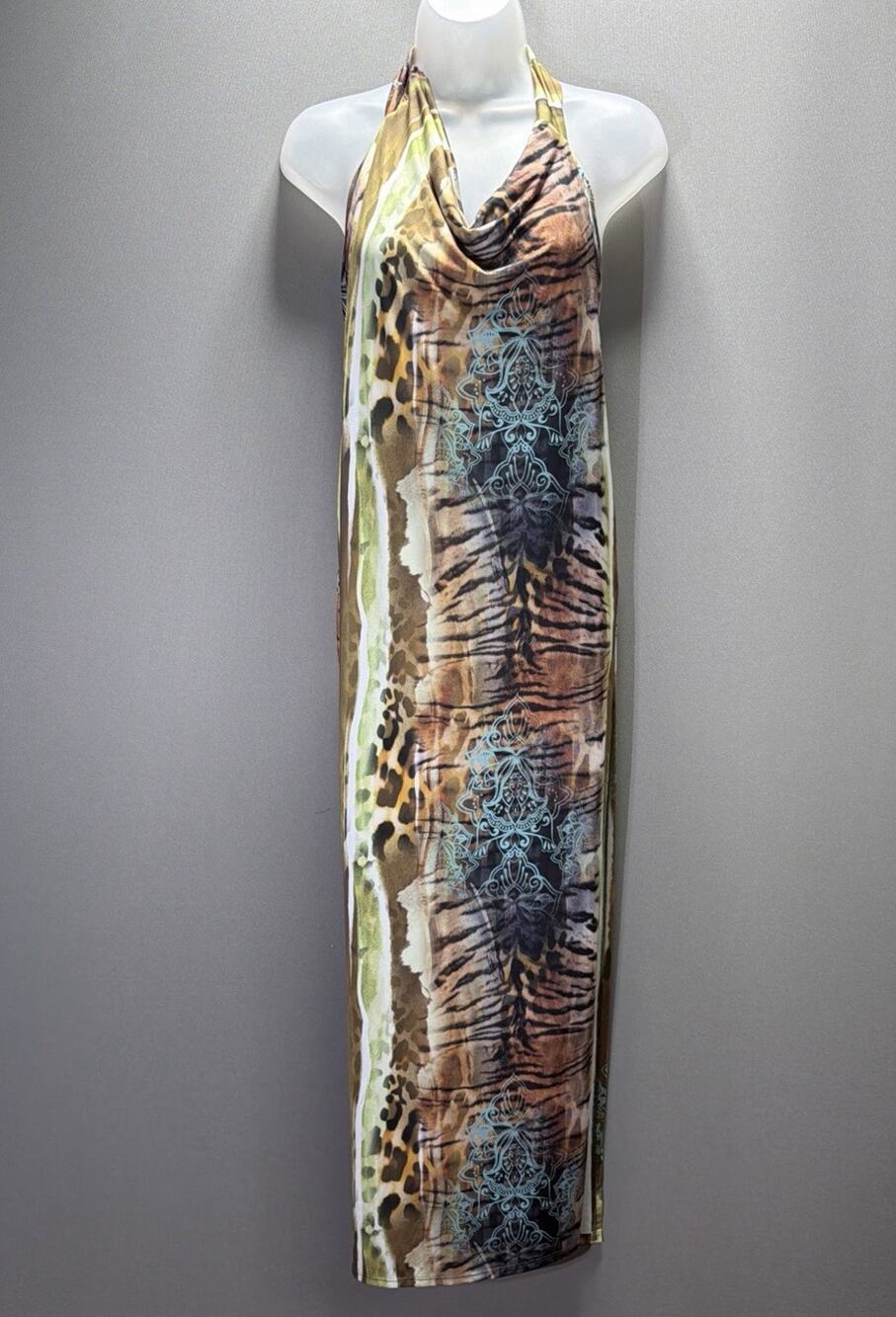 Akira Women's S Animal Print Halter V-Neck Side Slit Bodycon Dress NWT Stretch